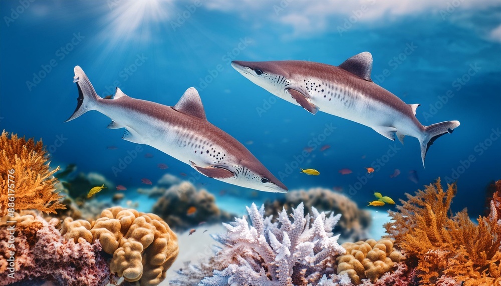 Fototapeta premium Ocean Ballet: Playful Sharks Dancing Amidst Vibrant Coral