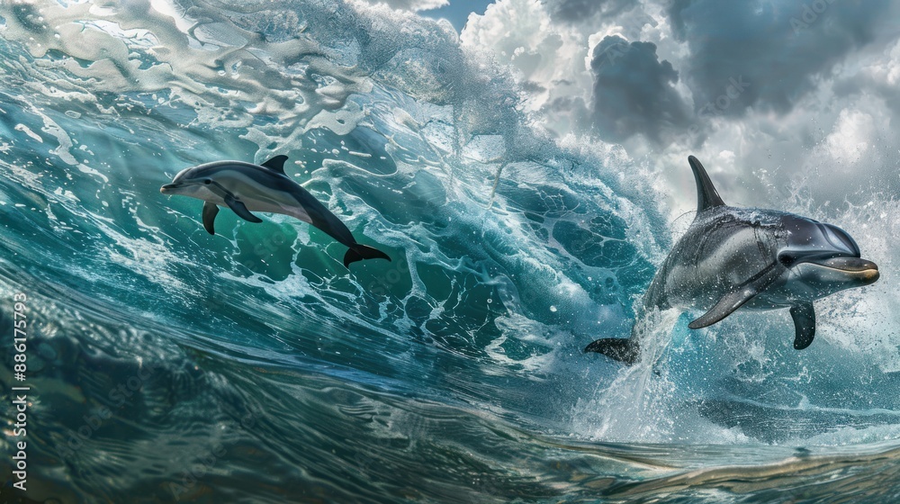 Naklejka premium dolphins jump gracefully with bright clouds