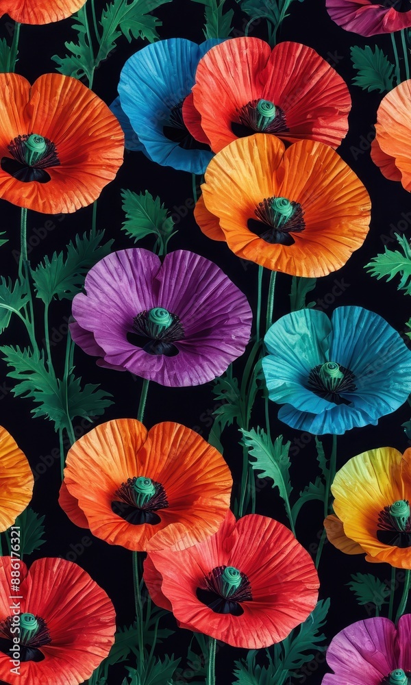 Obraz premium Colorful Poppy Flowers on Black Background.