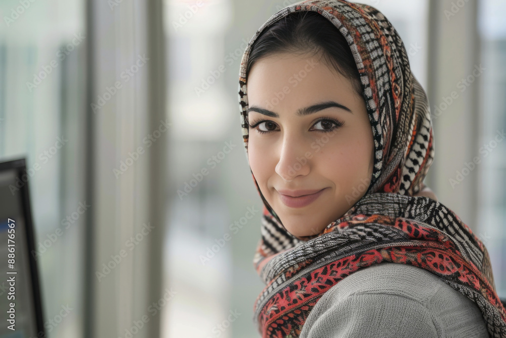 Portrait of successful and happy businesswoman in hijab working inside modern office Portrait of successful and happy businesswoman in hijab working inside modern office