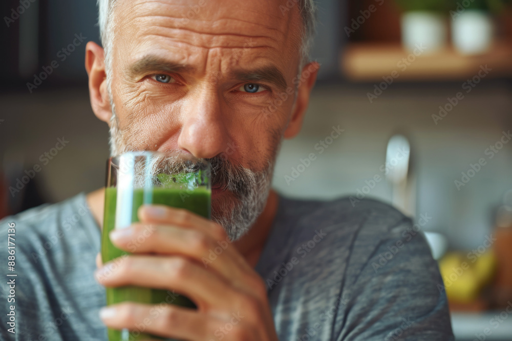 A satisfied middle-aged American man enjoying a green smoothie in his kitchen, representing a healthy lifestyle A satisfied middle-aged American man enjoying a green smoothie in his kitchen, representing a healthy lifestyle