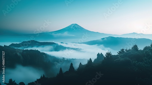 Serene Misty Landscape with Mount Fuji in Ethereal Fog, Tranquil Japanese Scenery #886177327