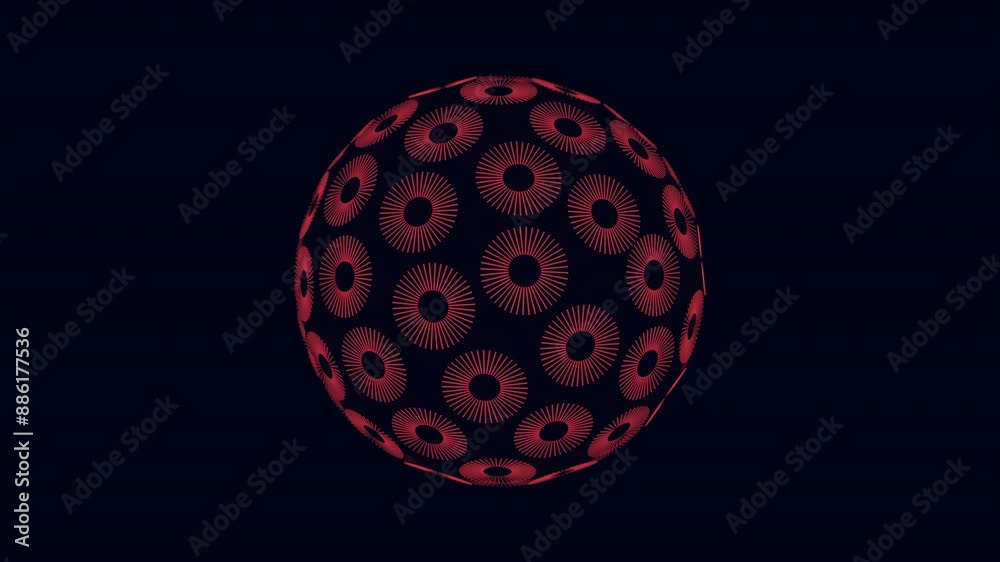 3D rendering of a bold, striking sphere with a circular pattern composed of red circles. The arrangement gives the image a visually appealing and captivating look 3D rendering of a bold, striking sphere with a circular pattern composed of red circles. The arrangement gives the image a visually appealing and captivating look