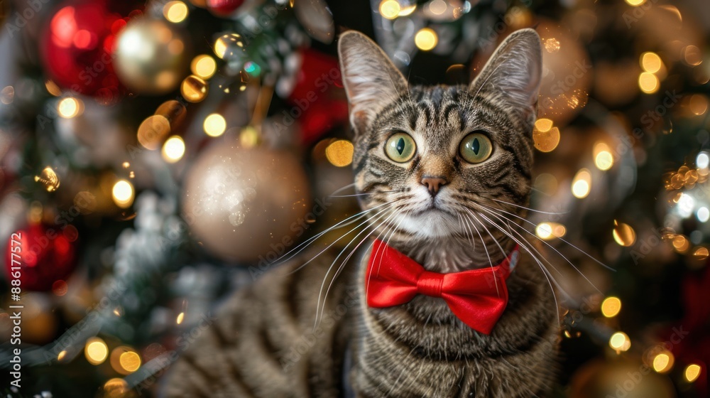Cat Wearing Bow Tie Near Christmas Tree