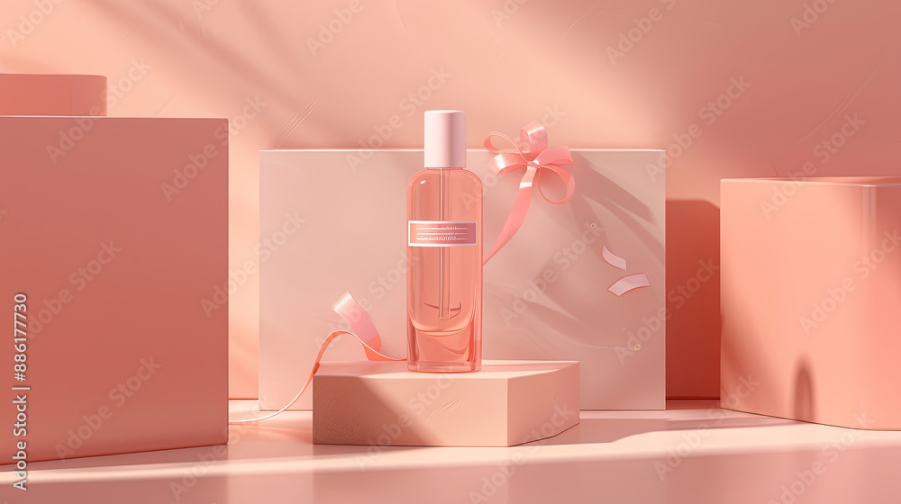bottle of perfume isolated on pink background with light and have copy space concept. bottle of perfume on podium product bottle of perfume isolated on pink background with light and have copy space concept. bottle of perfume on podium product
