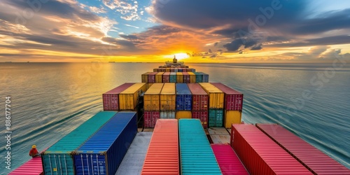 A container ship carrying shipping containers sailing in the open sea at sunset, with a cargo port and ships in the background. A freight transport and global logistics concept.