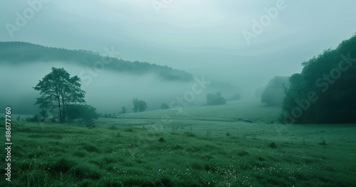 Misty Morning Landscape Featuring Haiku Poem, Tranquil Foggy View with Poetry