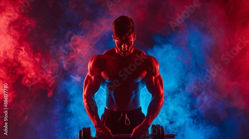 Bodybuilder dumbell workout. Swing laterals. Dumbbell lateral swings workout. Neon Red Blue Creatie Light.  photo