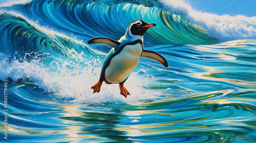 Obraz premium Penguin jumping in water Photo