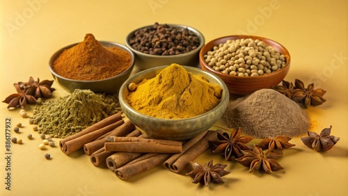 Vibrant colorful assortment of various whole and ground spices, including turmeric, cumin, coriander, cinnamon, and paprika, scattered on a clean white background.