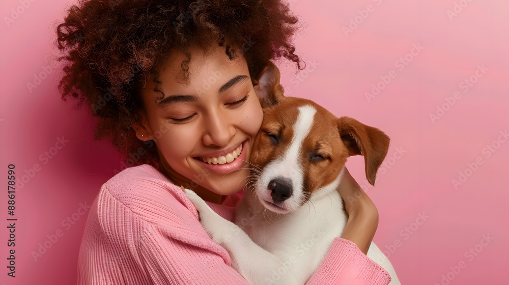 A woman is hugging a dog and smiling A woman is hugging a dog and smiling
