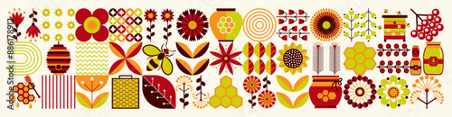 Ukrainian geometric floral sweet pattern. Scandinavian style. Beekeeping, bees, honey, honeycombs, beehives, nectar, flowers. Summer illustration.