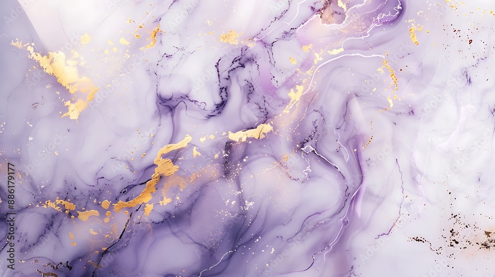 White marble background with soft purple and gold accents, elegant and sophisticated