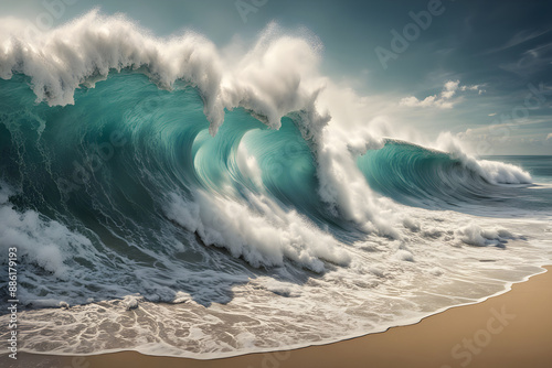 Fototapeta Naklejka Na Ścianę i Meble -  a stunning panoramic view of beautiful beach featuring a tsunami pristine big waves ai generated