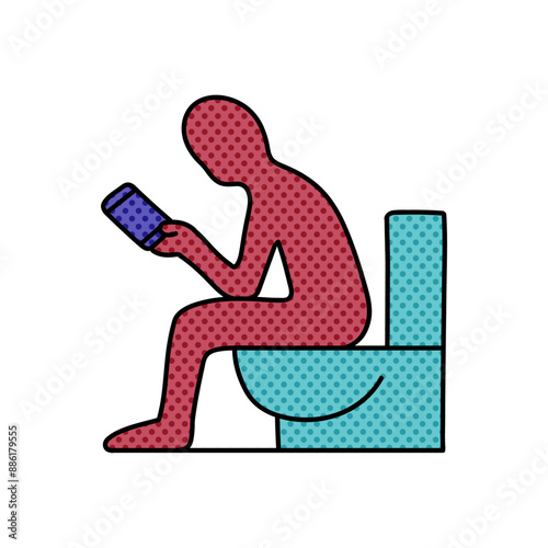 man sitting in toilet and holding smart phone halftone hand drawn  color vector illustration