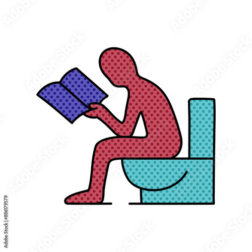 man sitting in toilet and reading magazine halftone hand drawn  color vector illustration