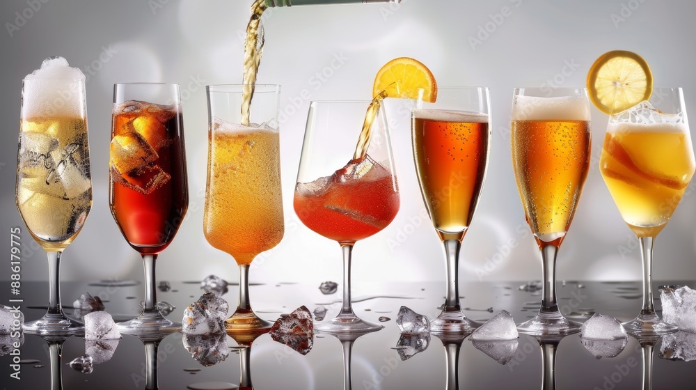 Pouring drinks into glasses photo collection: soft drink can, beer, wine, water, orange juice and milk Pouring drinks into glasses photo collection: soft drink can, beer, wine, water, orange juice and milk
