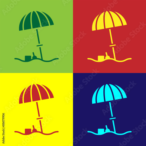 Pop art Sun protective umbrella for beach icon isolated on color background. Large parasol for outdoor space. Beach umbrella. Vector Illustration