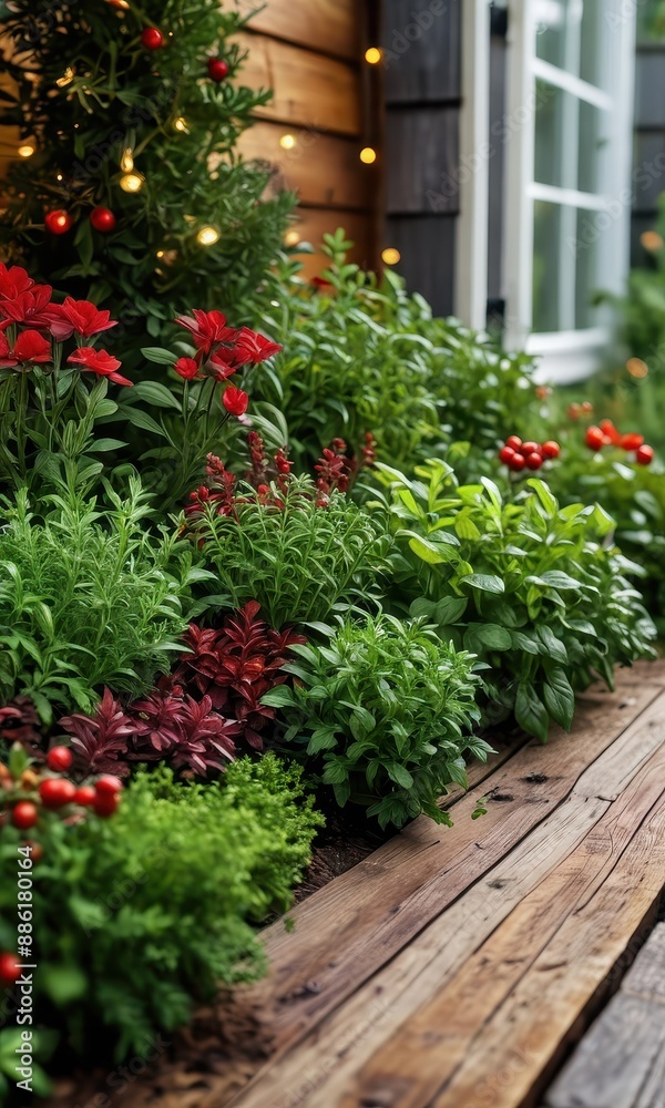 Green foliage, red flowers, wooden planks, and string lights.