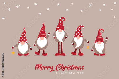 christmas greeting card with cute christmas dwarf in winter vector illustration