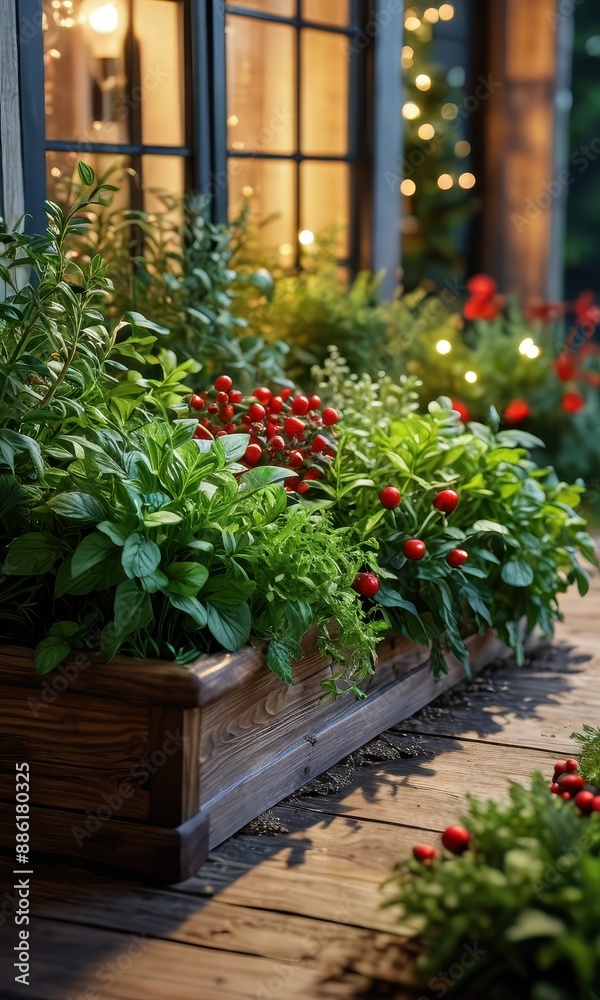 Fototapeta premium Wooden Planter with Red Berries and Greenery in Front of a Window.