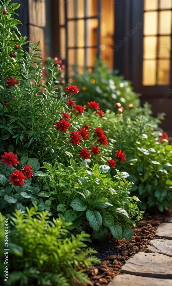 Red Flowers and Green Leaves in a Garden Setting. Red Flowers and Green Leaves in a Garden Setting.