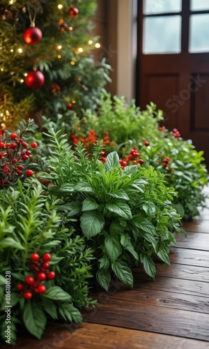 Green Plants with Red Berries on Wooden Floor.