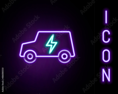 Glowing neon line Electric car and electrical cable plug charging icon isolated on black background. Renewable eco technologies. Colorful outline concept. Vector