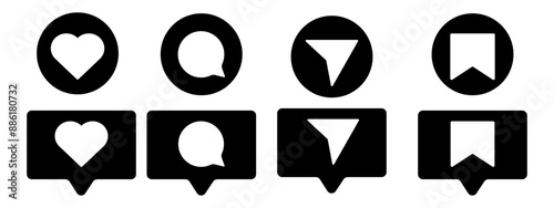 Media Icons interface social media like, chat, send and save symbols. Minimal ig set. Like notification, comment notification, follower notification social media