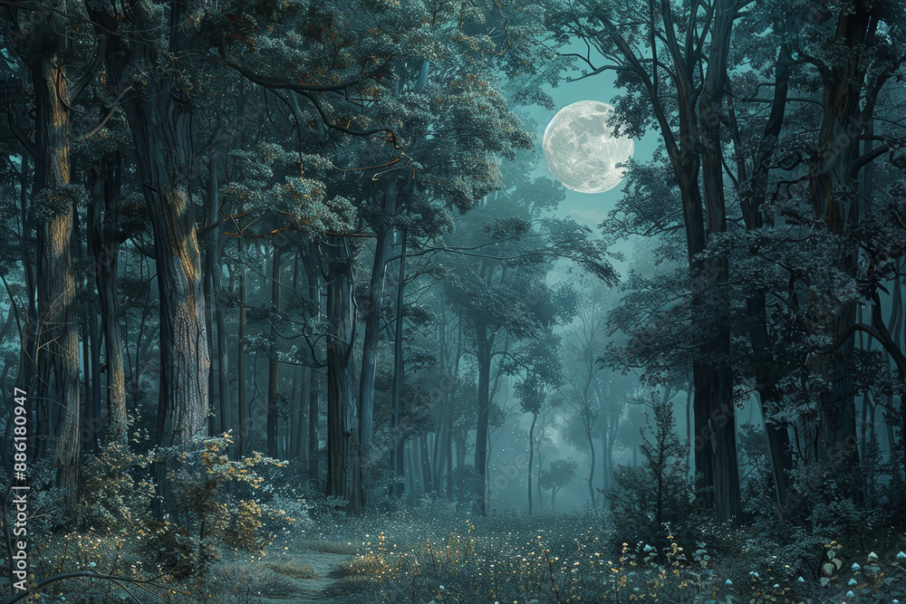 A moon is shining in the sky above a forest A moon is shining in the sky above a forest