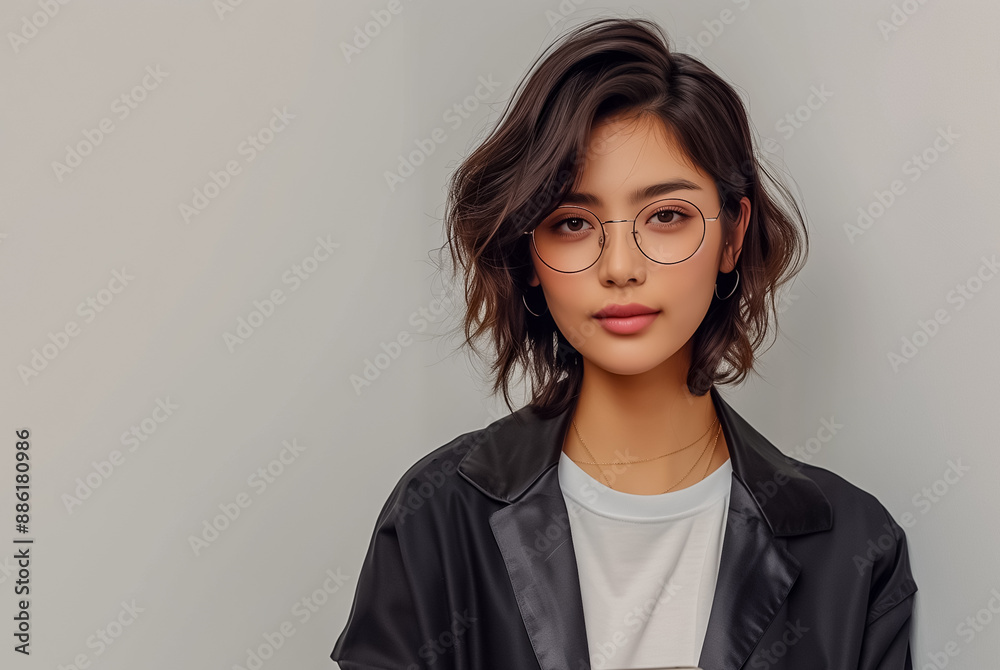 Obraz premium Young business woman have black short hair wearing glasses and a black jacket.