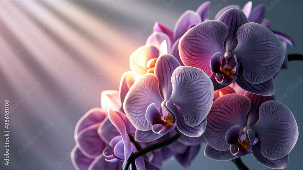 Fototapeta premium Illustration of exquisite orchid flowers with a soft light background, perfect for luxury greeting cards and elegant design themes.