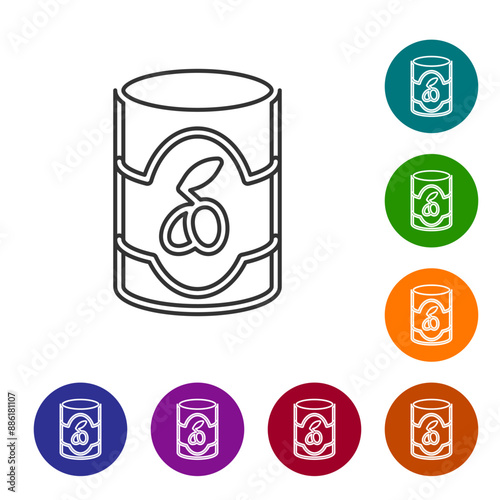 Black line Olives in can icon isolated on white background. Concept of canned food. Set icons in color circle buttons. Vector