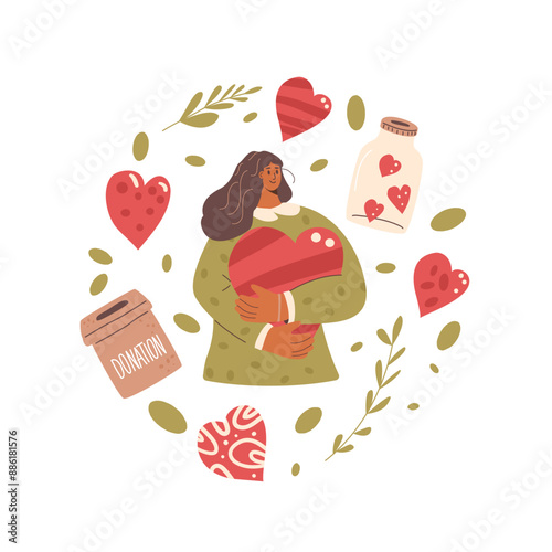 Charity circular emblem isolated on white background. young female volunteer with donation box and heart shapes decoration round label composition. Vector hand drawn flat illustration.