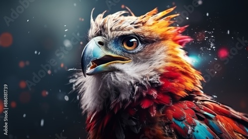 Fototapeta Naklejka Na Ścianę i Meble -  Vivid double exposure owl portrait in abstract style with colorful paint accents