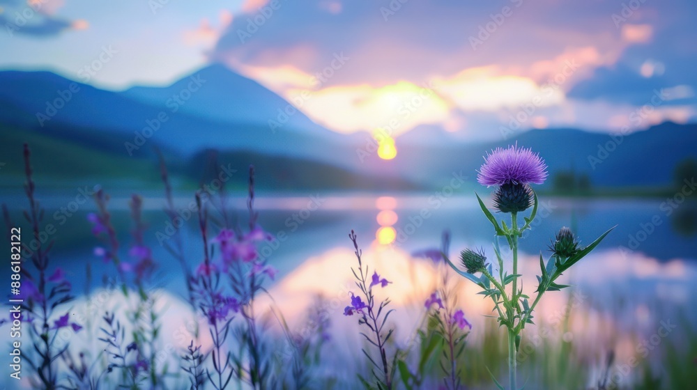 Naklejka premium Sunset Over Mountain Lake with Thistle