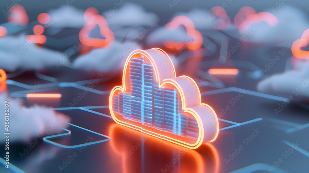 Futuristic cloud computing technology concept with glowing digital clouds and server infrastructure, representing data storage and networking. 3D Illustration. Futuristic cloud computing technology concept with glowing digital clouds and server infrastructure, representing data storage and networking. 3D Illustration.
