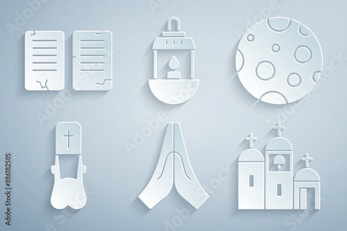 Set Hands in praying position, Moon, Priest, Church building, Ramadan Kareem lantern and The commandments icon. Vector