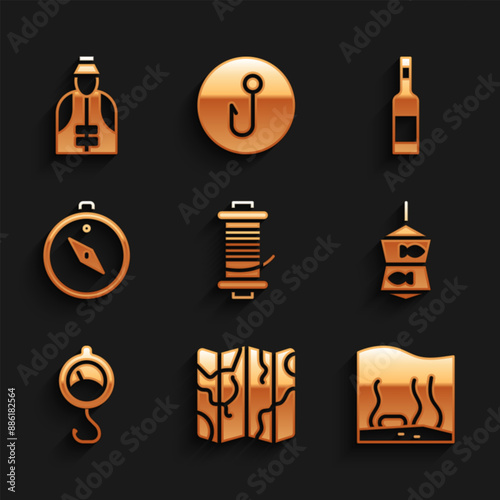 Set Spinning reel for fishing, Folded map, Aquarium, Fishing net with, Spring scale, Compass, Bottle of vodka and Fisherman icon. Vector