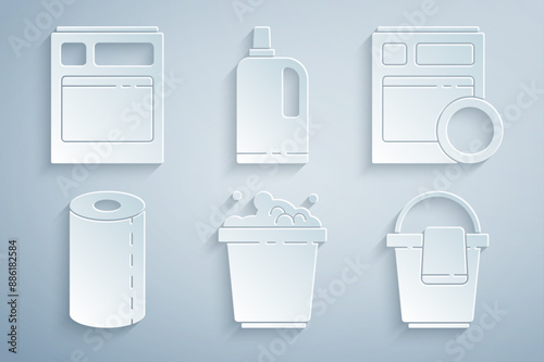 Set Bucket with soap suds, Kitchen dishwasher machine, Paper towel roll, rag, Fabric softener and icon. Vector