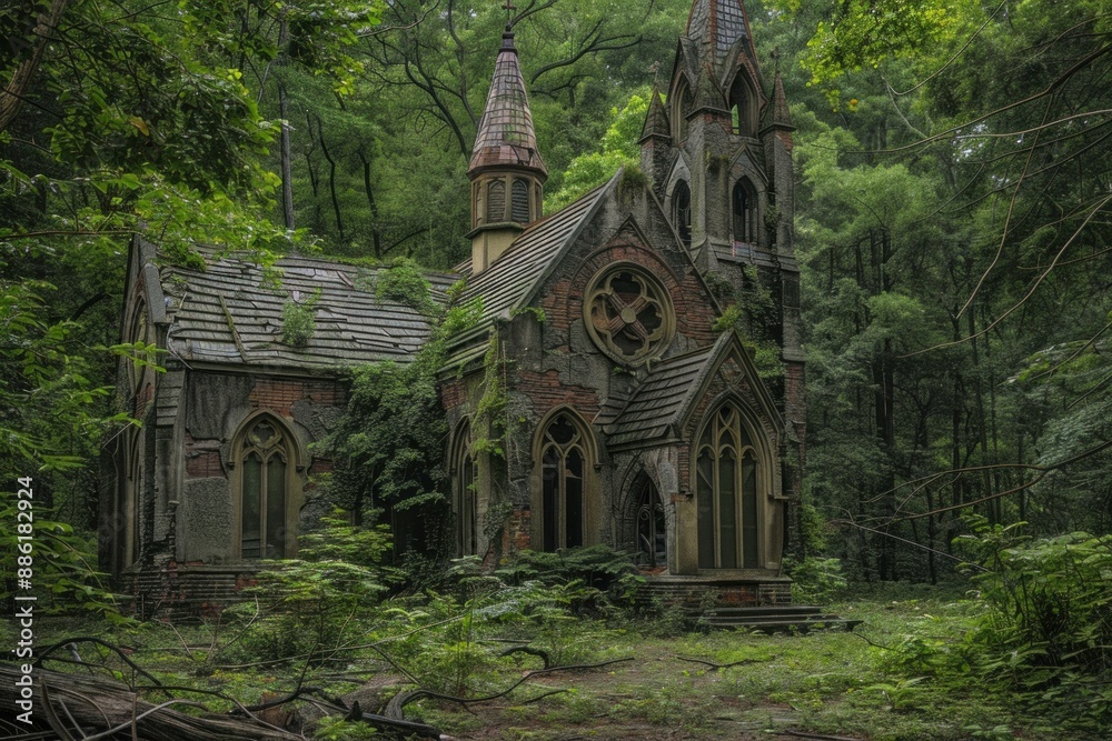 Abandoned church building with broken windows and overgrown vegetation, showcasing the relentless power of nature Abandoned church building with broken windows and overgrown vegetation, showcasing the relentless power of nature