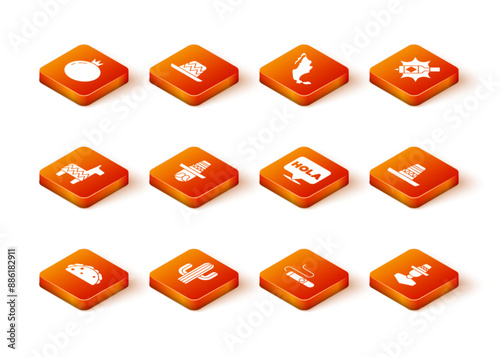 Set Taco with tortilla, Cactus, Pinata, Mexican man sombrero, Cigar, Hola, and icon. Vector