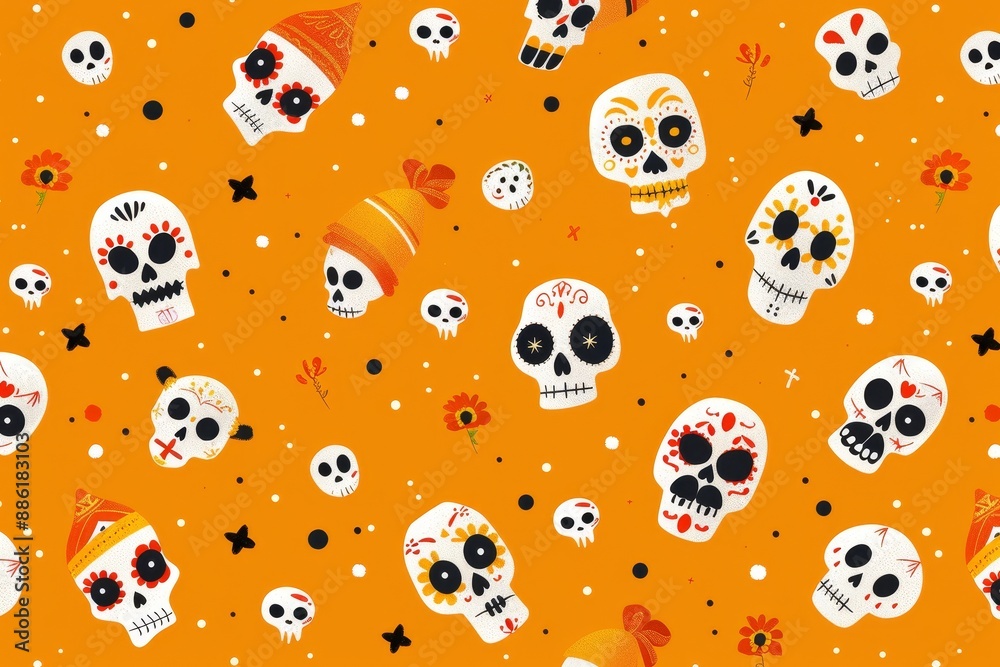 Illustrated Orange Background With Sugar Skulls and Floral Motifs Illustrated Orange Background With Sugar Skulls and Floral Motifs