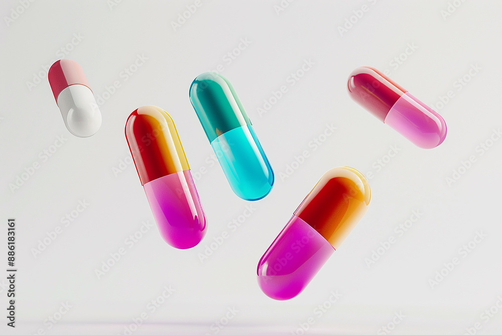 Floating colorful capsules and pills against a white background, representing pharmaceutical products and healthcare. Floating colorful capsules and pills against a white background, representing pharmaceutical products and healthcare.