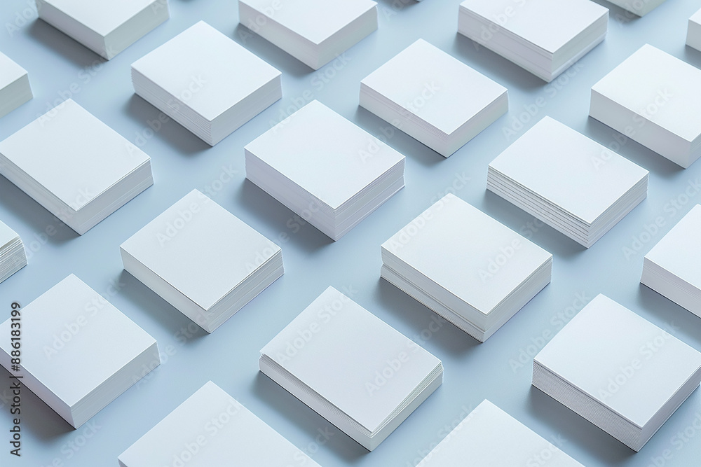 Multiple stacks of white business cards neatly arranged, ready for customization and branding purposes. Multiple stacks of white business cards neatly arranged, ready for customization and branding purposes.