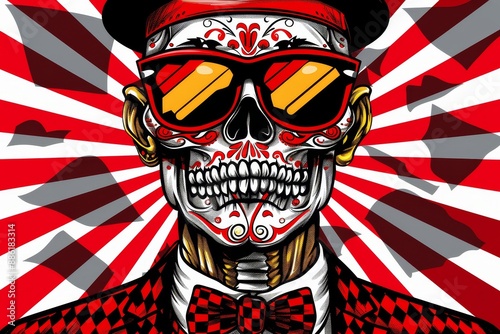 A Stylized Skull Wearing Sunglasses and a Bowtie in Front of a Red and White Sunburst Background