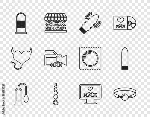 Set line Penis pump, Silicone ball gag, Dildo vibrator for sex games, Anal beads, Condom safe, Video camera with Sex, Monitor 18 plus content and icon. Vector