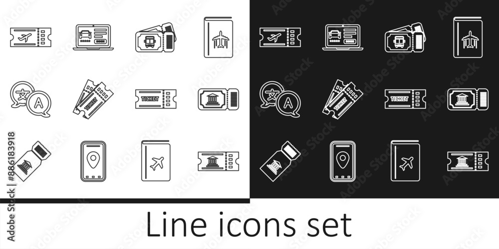 Set line Museum ticket, Bus, Ticket, Translator, Airline, and Online car sharing icon. Vector Set line Museum ticket, Bus, Ticket, Translator, Airline, and Online car sharing icon. Vector