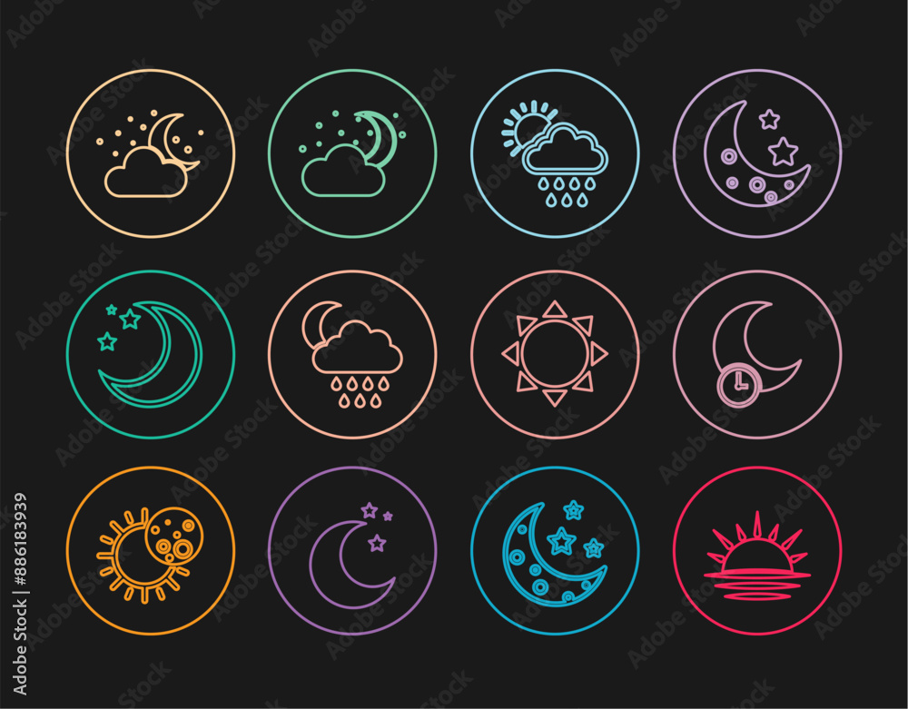 Set line Sunset, Sleeping moon, Cloud with rain and sun, Moon stars, and icon. Vector Set line Sunset, Sleeping moon, Cloud with rain and sun, Moon stars, and icon. Vector