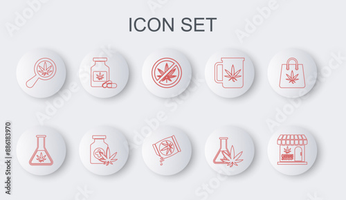 Set line Marijuana and cannabis store, Test tube with marijuana, Stop, Magnifying glass, Medical bottle, and seeds icon. Vector